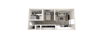 A 3D rendering of a modern, minimalist bedroom with a bed, desk, and shelves.