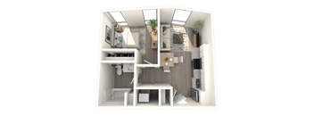 A 3D rendered image of a small, modern apartment layout.