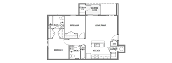 A floor plan of a house with two bedrooms, a storage area, a laundry room, and a kitchen.