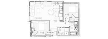 2-bedroom floor plan of an apartment with a living room, kitchen, and bathroom.