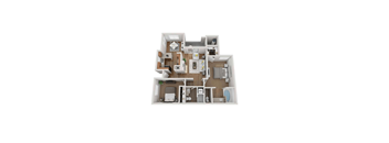 A 3D floor plan of a house with a kitchen, living room, and two bedrooms.