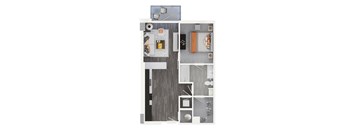 a stylized floor plan with a bedroom and a living room