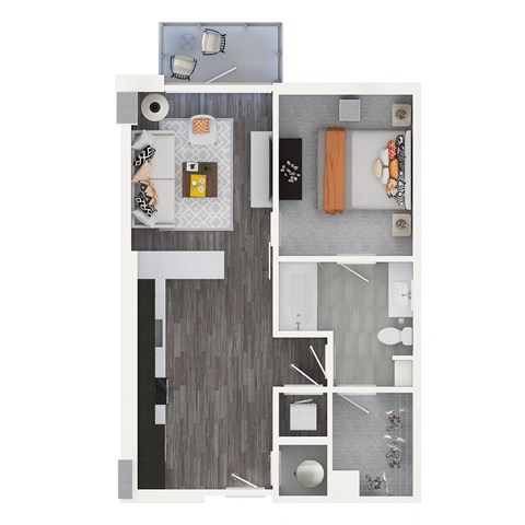 a stylized floor plan with a bedroom and a living room