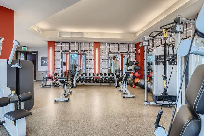 A well-equipped gym with various exercise machines and weights.