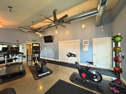 A gym with treadmills, exercise bikes, and a ceiling fan.