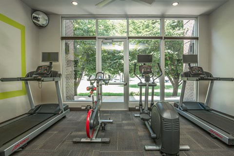 A gym with treadmills, elliptical machines, and a stationary bike.