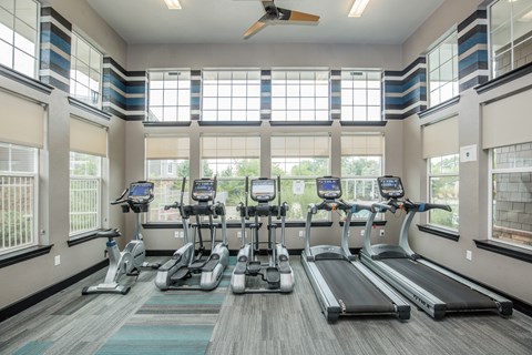 A gym with treadmills and exercise bikes.