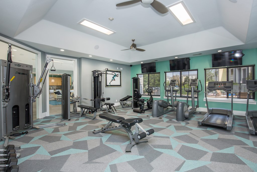 A gym with a variety of equipment including treadmills, weights, and a squat rack.