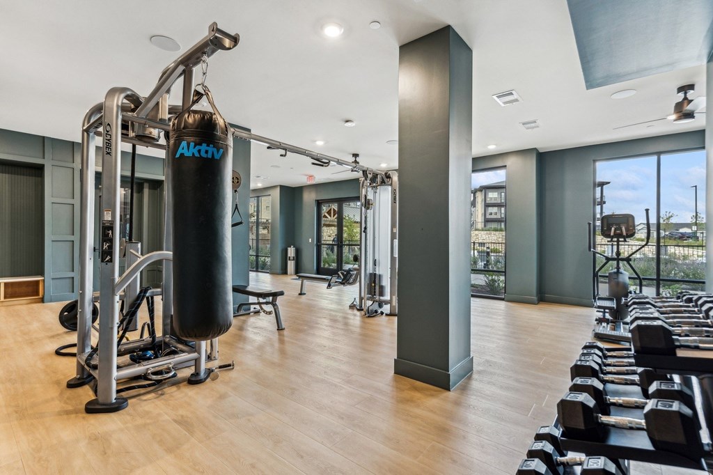 A modern gym with a variety of equipment including a punching bag.