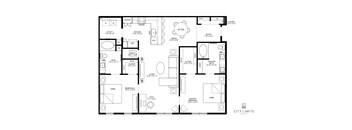 A floor plan of a house with a kitchen, living room and two bedrooms.