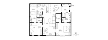 A floor plan of a house with a pantry, two bathrooms, a kitchen, two bedrooms, and a balcony.