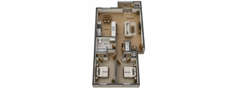 A floor plan of a house with two bedrooms, a living room, a dining room, a kitchen, a bathroom, a deck, and storage.