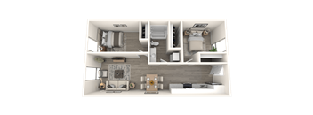 A top-down view of a modern, well-furnished apartment layout.