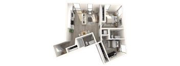 A 3D floor plan of a house with a living room, kitchen, and two bedrooms.