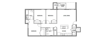A floor plan of a house with three bedrooms, a living/dining area, a kitchen, a laundry room, and a storage area.