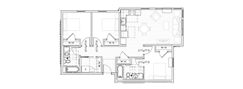 3-bedroom floor plan of an apartment with labeled rooms and dimensions.