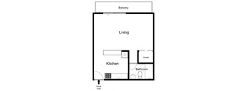 a floor plan of a studio apartment with a bedroom and a living room