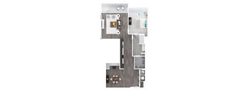 a stylized floor plan with a bedroom and a living room
