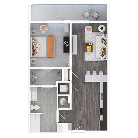 a stylized floor plan with a bedroom and a living room