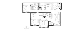 A floor plan of a home with a living room, dining room, kitchen, and three bedrooms.
