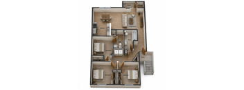 A 3 bedroom 3D floor plan layout.