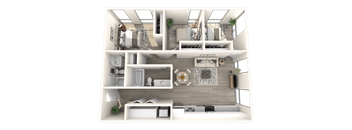 A 3D rendered image of a modern apartment layout.