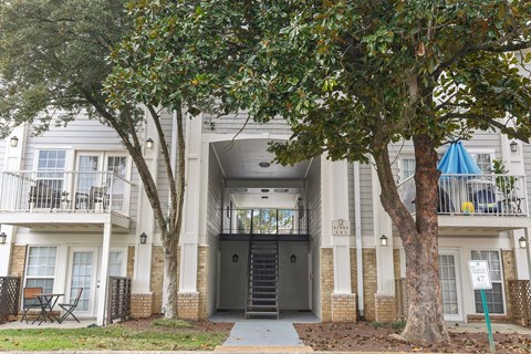 A tree stands in front of a white building with a blue awning.