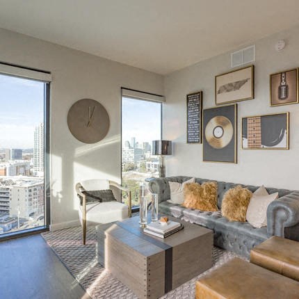 a living room with a couch and a coffee table