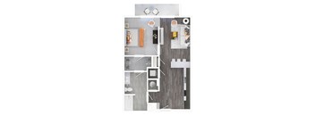 a stylized floor plan with a bedroom and a living room