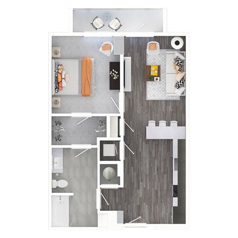 a stylized floor plan with a bedroom and a living room