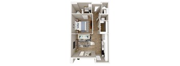 A 3D floor plan of a small apartment with a bedroom, bathroom, and living room.