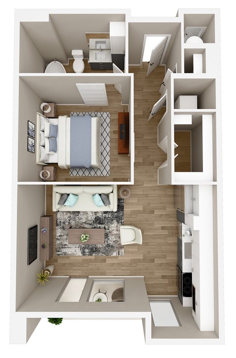 A 3D floor plan of a small apartment with a bedroom, bathroom, and living room.