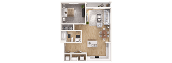 A top-down view of a small apartment layout with a kitchen, living room, and bathroom.