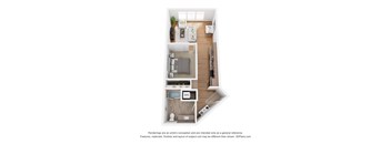 A 3D floor plan of a small apartment with a kitchen, living room, and bedroom.