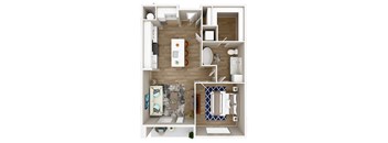 A top down view of a small apartment with a kitchen, living room, and bathroom.