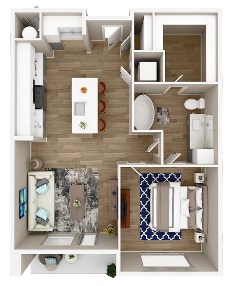 A top down view of a small apartment with a kitchen, living room, and bathroom.
