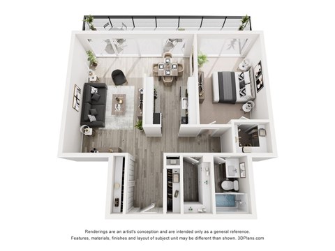 A 3D floor plan of a house with a kitchen, living room, and two bedrooms.
