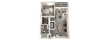A 3D floor plan of a small apartment with a kitchen, living room, and bathroom.