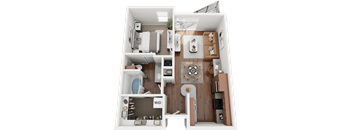 A 3D rendered image of a small apartment layout.