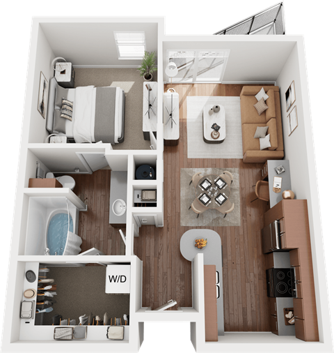A 3D rendered image of a small apartment layout.