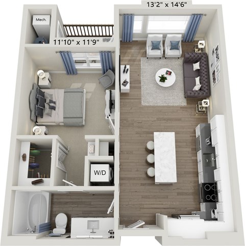 A floor plan of a small apartment with a kitchen, living room, and bathroom.