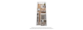 A floor plan of a small apartment with a kitchen, living room, and two bedrooms.