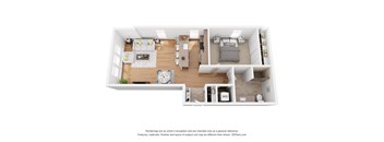 A 3D floor plan of a small apartment with a kitchen, living room, and bedroom.