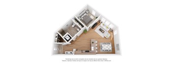 A 3D floor plan of a house with a kitchen, living room, and bedrooms.