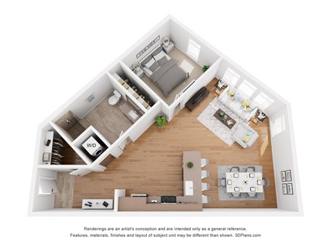 A 3D floor plan of a house with a kitchen, living room, and bedrooms.