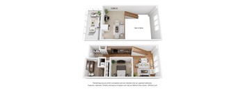 A floor plan of a small apartment with a kitchen, living room, and bedrooms.