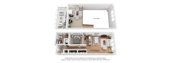 A 3D floor plan of a house with a kitchen, living room, and bedrooms.