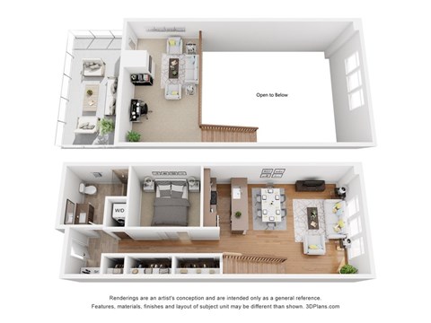 A 3D floor plan of a house with a kitchen, living room, and bedrooms.