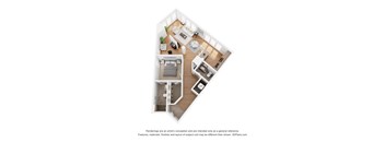 A 3D floor plan of a house with a kitchen, living room, and two bedrooms.