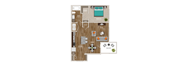A floor plan of a house with a bedroom, living room, kitchen, and bathroom.